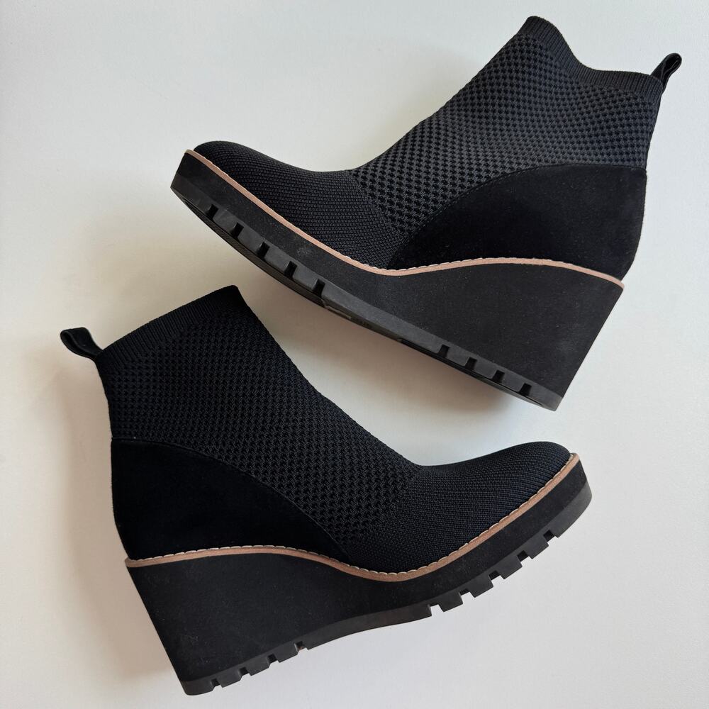 Eileen Fisher Black Suede Knit Quill Stretch Platform Wedge Ankle Bootie Size 7 - Picture 3 of 7